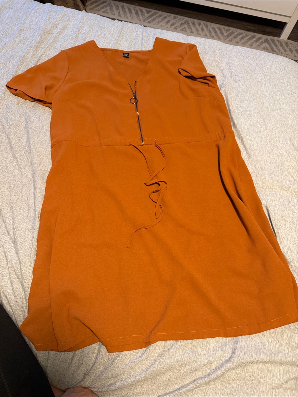SHEIN Rust Short Sleeve V-Neck Tie-Waist Midi Dress